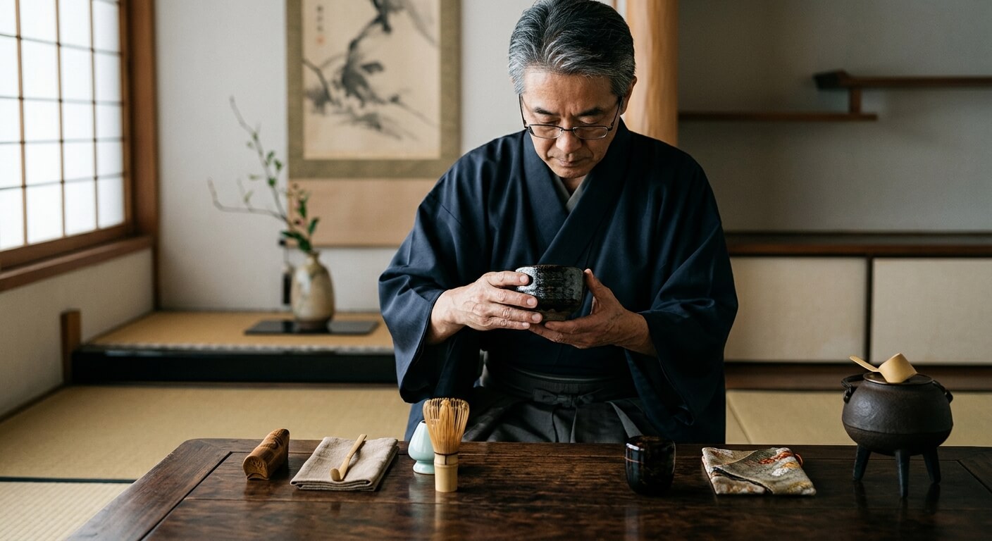 静寂な和室で茶を点てる男性