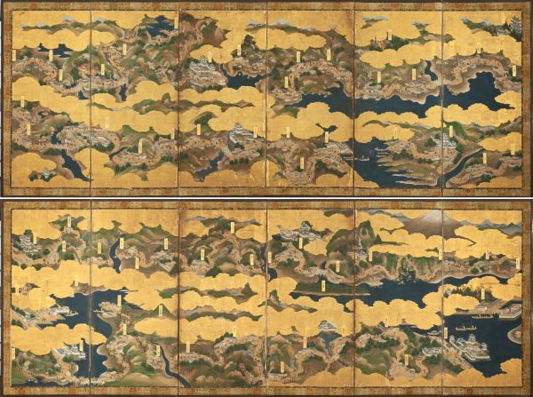 Folding screen depicting famous places on the Tokaido