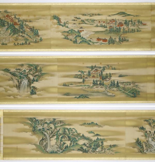 Nikko Mountain Picture Scroll（日光山絵巻） Written by Tenyu Kono（河野典雄） Ten paintings on silk with gold paint