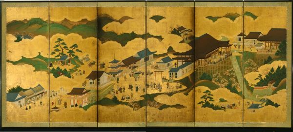 A folding screen depicting a visit to Kiyomizu Temple<br>
