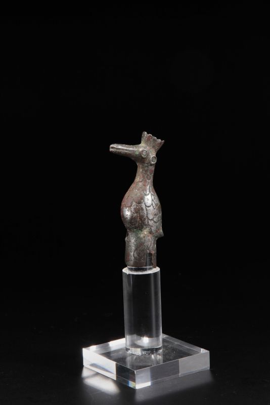 Bronze-plated silver bird-shaped staff head,<br>
Western Han Dynasty