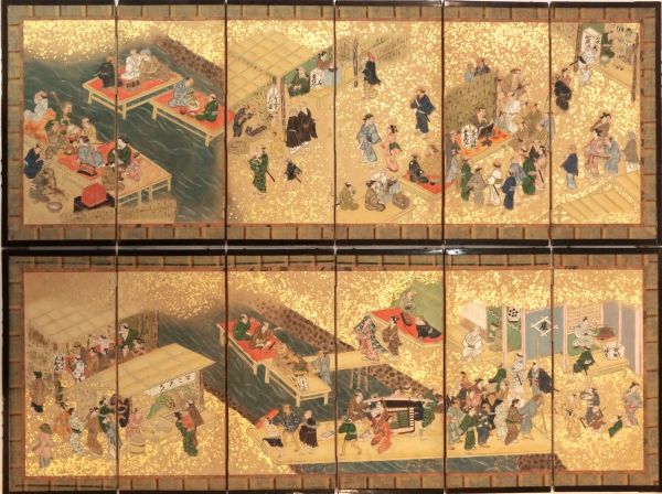 Shijo Riverside Hina folding screen<br>
A pair of six-panel screens