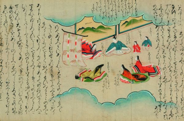 奈良絵本岩屋草子断簡<br>
「対の屋姫、父大納言に対面」