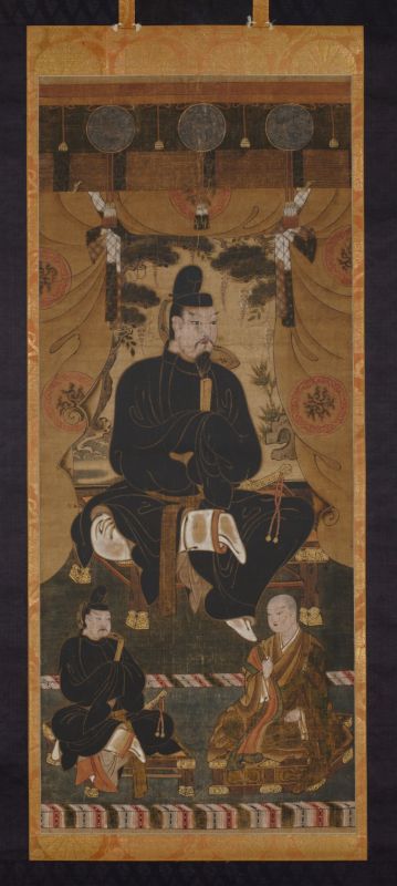 Tōnomine Mandala（多武峰曼荼羅）<br>
Muromachi Period（15 th century）<br>
Statues of Fujiwara Kamatari（藤原鎌足）, Fujiwara Fuhito（藤原不比等）, and Jyōe（定恵）