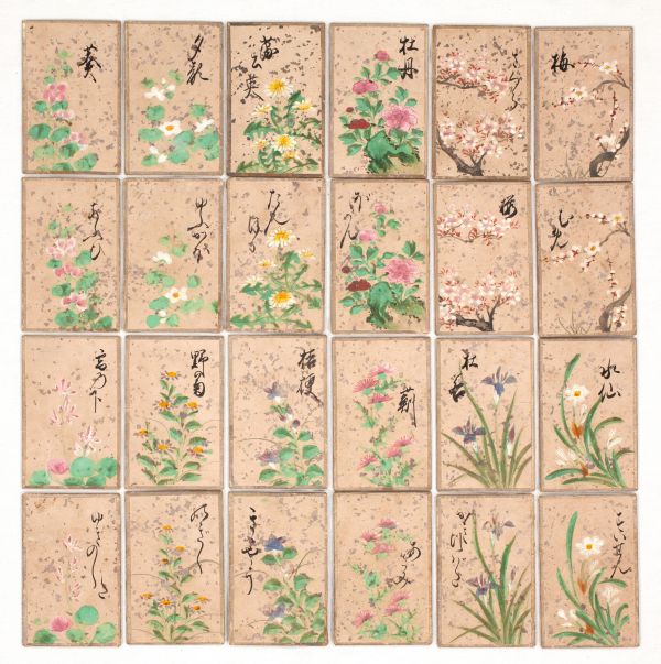 Flower picture matching karuta<br>
Colored paintings, silver foil scattered<br>
50 pieces each, total of 100 pieces<br>
Kanji and Hiragana matching